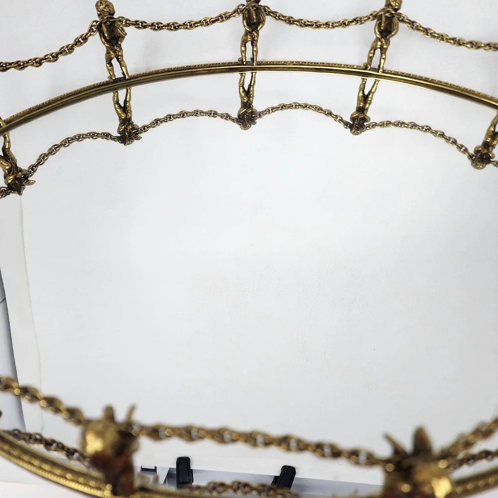 Vtg Globe 24K Gold Plated 12-Cherub Mirrored Vanity Tray Oval Ornate Putti Chain
